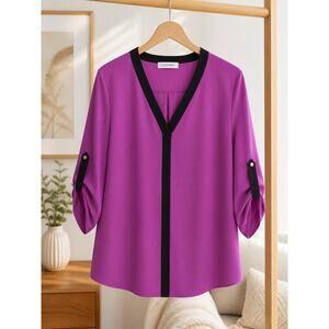 Calvin Klein Purple Black Trim Blouse Roll Tab Sleeve Top M